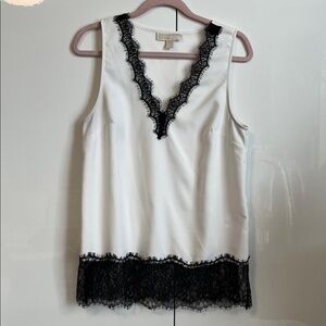 MICHAEL KORS White Sleeveless Top with Black Lace Trim, Size M